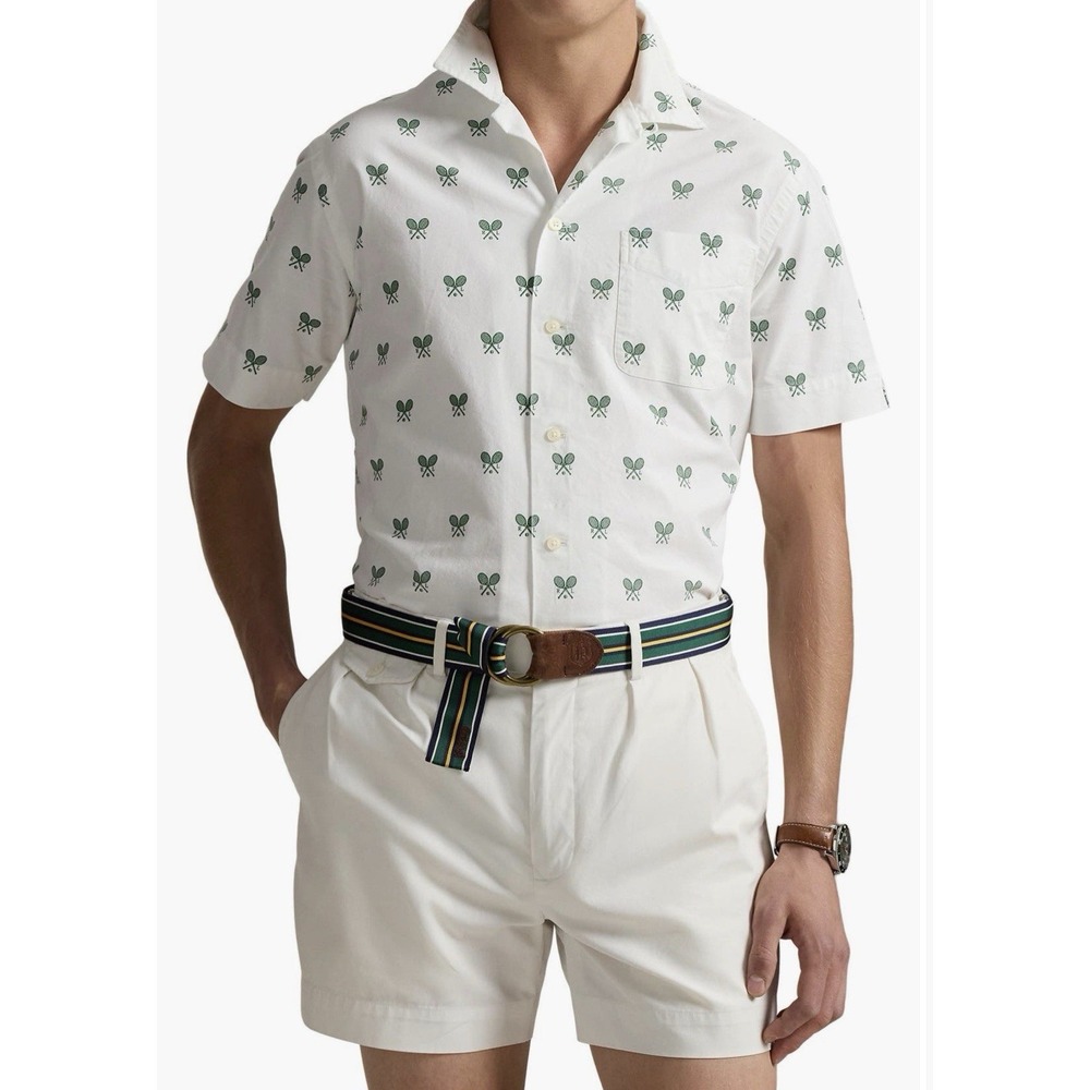 Polo Ralph Lauren Mens Classic Fit Racquet Print Oxford Shirt Camp White Green L